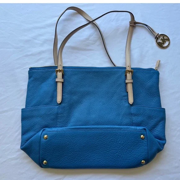 Michael Kors Handbag Jet Set East West Top Zip Leather Tote Purse Blue - Picture 2 of 7